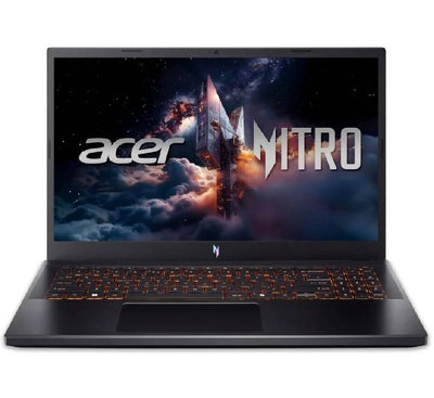 Acer Nitro V 15 ANV15-52-704B gaming laptop in black viewed from an angle showing the keyboard and display.