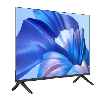 Aconatic 32 inch frameless smart LED TV setup on a modern living room media console displaying a movie scene.
