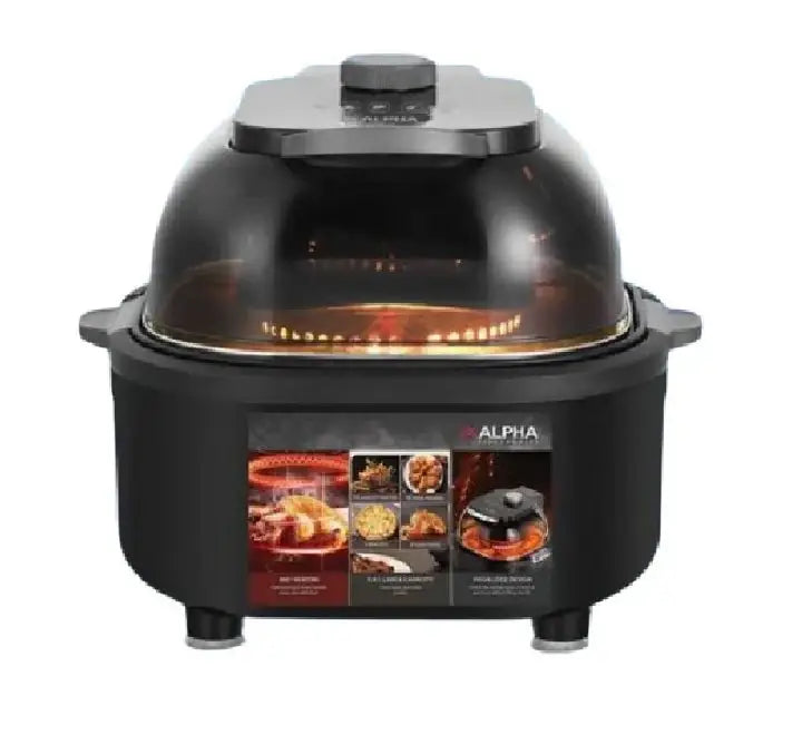 Alpha ALGDAF68M 6.8 Liters manual air fryer in black showing mechanical dual-dial controls and front handle basket.