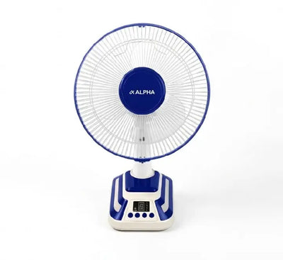 Alpha ALTF 124BT 12-inch rechargeable table fan in white front view