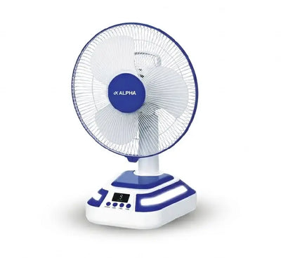 Alpha ALTF 124BT 12-inch rechargeable table fan in white front view