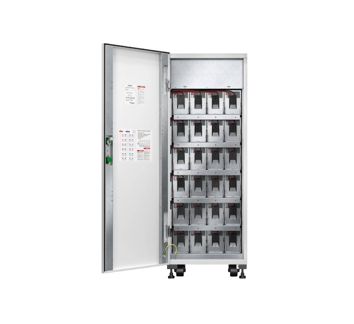 Side profile angle of the white APC Easy UPS 3S modular battery storage enclosure.