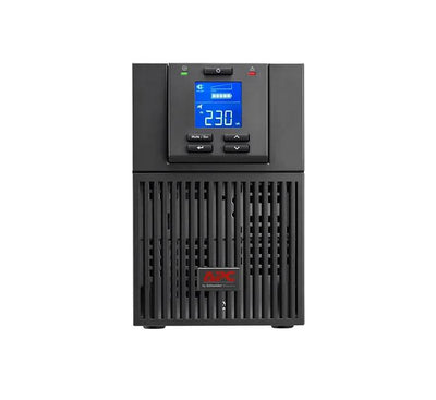 Front view of the APC Easy UPS Online SRV 1000VA 230V showing its LCD display and control panel.