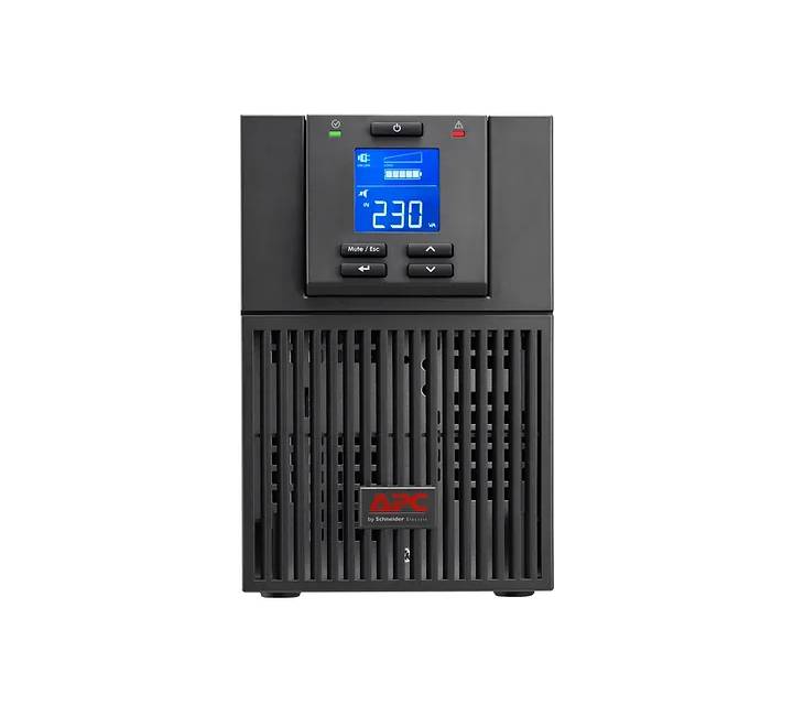 Front view of the APC Easy UPS Online SRV 1000VA 230V showing its LCD display and control panel.