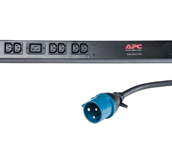Close-up of the IEC 309 32A input connector and cable on the APC AP7553 PDU.