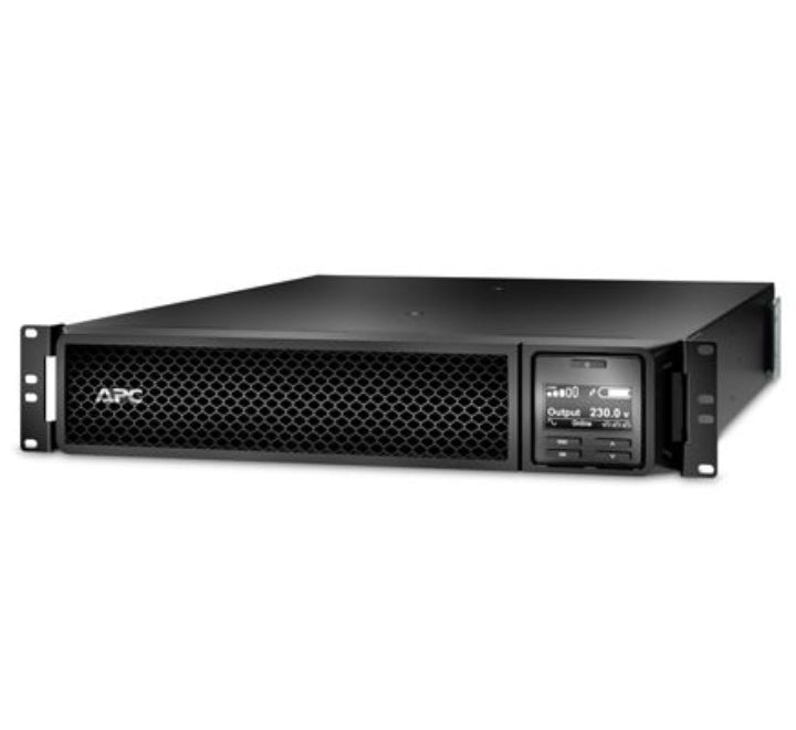 APC Smart-UPS SRT 3000VA RM 230V SRT3000RMXLI front view with rack ears and LCD display
