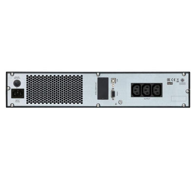 Rear view of the APC Easy UPS SRV1KRIRK rackmount displaying IEC output receptacles and communication ports.