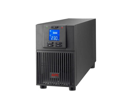 APC Easy UPS On-Line SRV2KI 2000VA tower unit showing its front LCD control interface and black chassis.