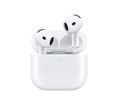 Close-up view of Apple AirPods 5 white earbuds showing ergonomic fit and microphone sensor design