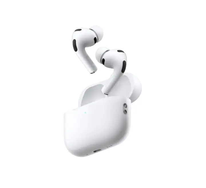 Close-up view of White Apple AirPods Pro 3 earbud showing ergonomic design and silicone ear tip