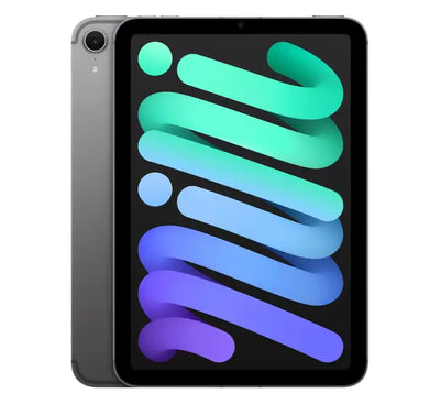 Apple iPad mini 7 A17 Pro in Space Gray showing 8.3-inch Liquid Retina front display and back camera.