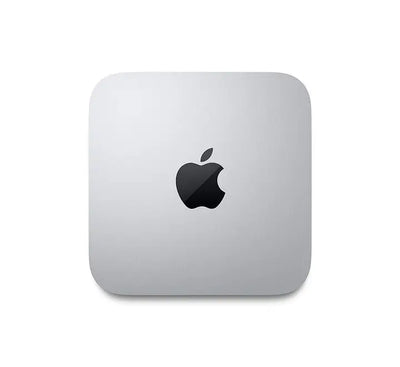 Front view of the silver Apple Mac Mini (2026) featuring the M6 chip, dual USB-C ports, and headphone jack on a clean white background.
