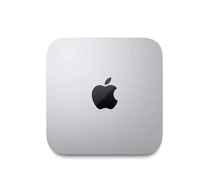 Front view of the silver Apple Mac Mini (2026) featuring the M6 chip, dual USB-C ports, and headphone jack on a clean white background.