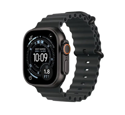 Front view of Apple Watch Ultra 3 GPS Cellular 49mm Black Titanium Case with Black Ocean Band.