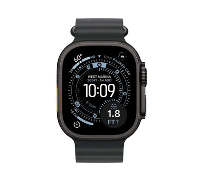 Side profile of Apple Watch Ultra 3 Black Titanium case displaying Digital Crown guard and customizable Action Button.