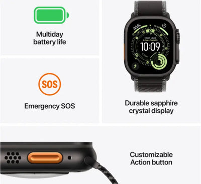 Back ceramic and sapphire crystal panel of Apple Watch Ultra 3 49mm Black Titanium case showing health sensors.