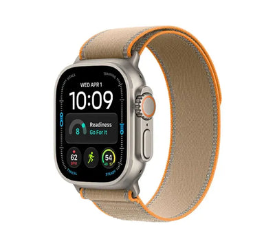 Side view of the 49mm titanium Apple Watch Ultra 4 showcasing the programmable orange Action Button and crown