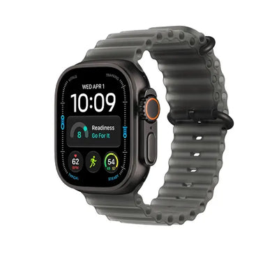 Back ceramic and sapphire crystal casing of Apple Watch Ultra 4 displaying optical heart rate and depth sensors