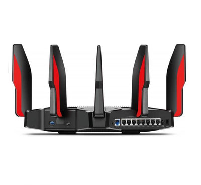 Rear view of Archer AX11000 showing 8 Gigabit LAN ports, 2.5 Gbps WAN port, and USB 3.0 Type-A and Type-C gaming connectivity.