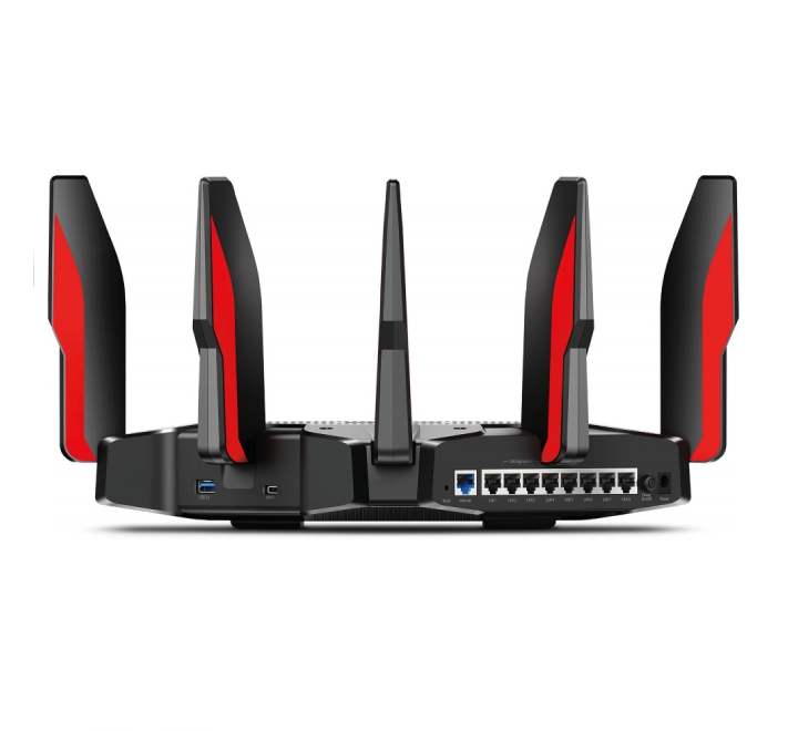 Rear view of Archer AX11000 showing 8 Gigabit LAN ports, 2.5 Gbps WAN port, and USB 3.0 Type-A and Type-C gaming connectivity.