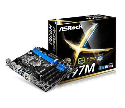 ASRock H97M Micro ATX Motherboard top view showing LGA 1150 socket and RAM slots.