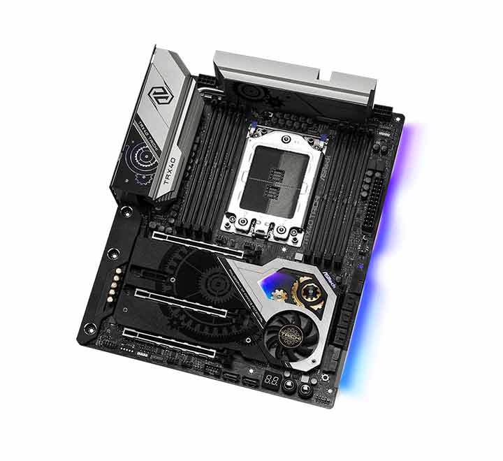 Close-up of the Hyper M.2 PCIe Gen4 x4 armor and actively cooled chipset heatsink on the TRX40 Taichi.
