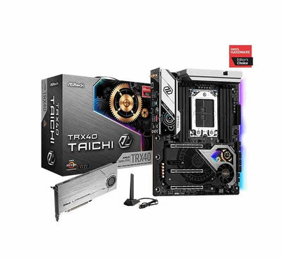 ASRock TRX40 Taichi motherboard showing the sTRX4 socket, 8 DIMM slots, and gear-style heatsink design.
