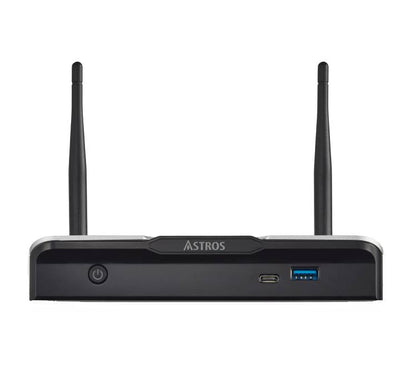 Corporate meeting room utilizing the ASTROS Station AS-201 for a hybrid video conference showing a 4-way split-screen wireless presentation on a 4K display.