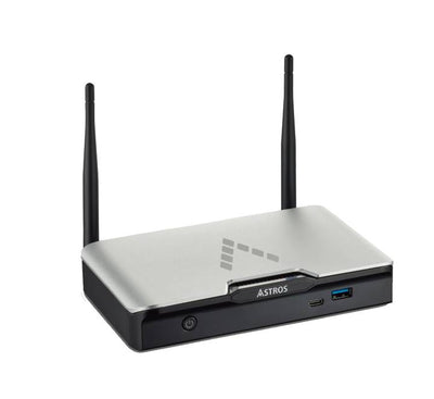 Rear view of the ASTROS Station AS-201 displaying hardware interfaces including HDMI, VGA, USB 3.0 Type-C, LAN PoE port, and power input.