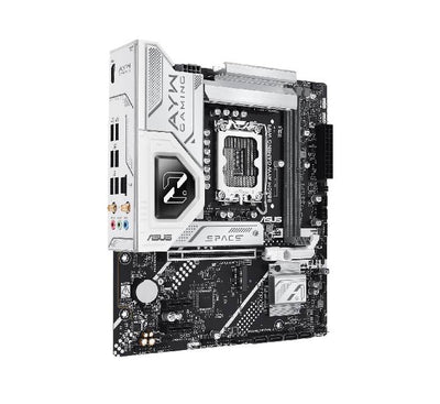 Close-up of the LGA1851 CPU socket and VRM heatsinks on the ASUS B860M AYW motherboard