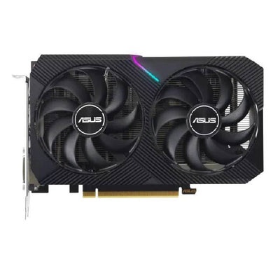 Front view of the ASUS Dual GeForce RTX 3050 OC Edition 6GB graphics card showcasing its two IP5X dust-resistant cooling fans.