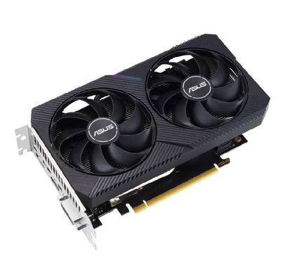 Top side profile of the compact ASUS Dual RTX 3050 6GB graphics card, highlighting the seamless layout requiring no external PCIe power cables.