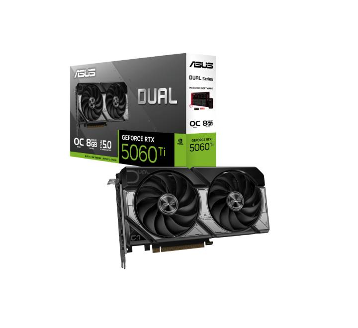 Rear I/O ports and reinforced backplate of the ASUS Dual GeForce RTX 5060 Ti graphics card