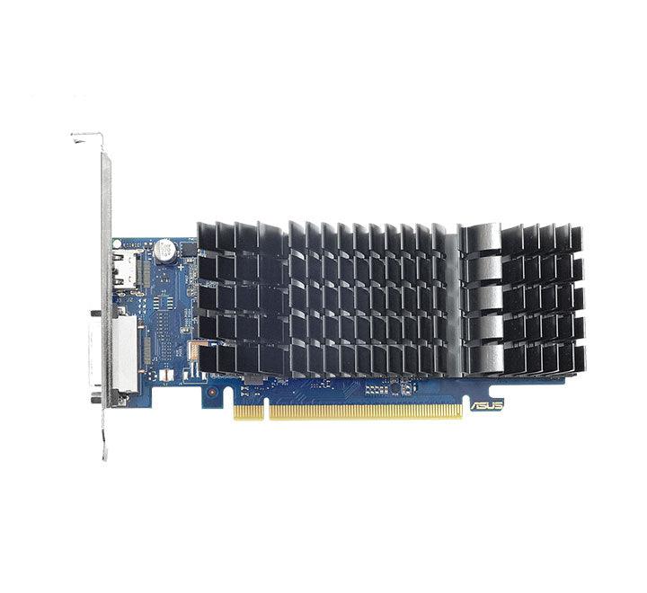 Front view of the low-profile ASUS GeForce GT 1030 2GB GDDR5 graphics card showcasing its completely fanless, silent passive cooling heatsink.