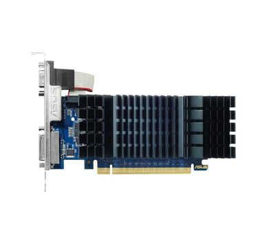 Front view of the low-profile ASUS GeForce GT 730 2GB GDDR5 graphics card showcasing its fanless, silent passive cooling heatsink.