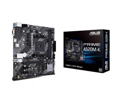 ASUS Prime A520M-K Micro-ATX Motherboard showing AM4 socket and DDR4 slots.