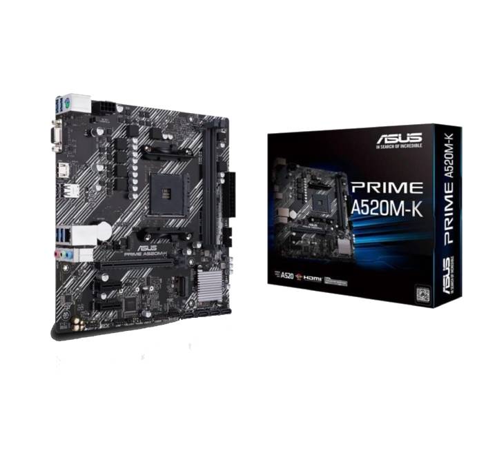 ASUS Prime A520M-K Micro-ATX Motherboard showing AM4 socket and DDR4 slots.