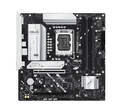 Top-down layout view of the ASUS PRIME B860M-A-CSM Micro-ATX motherboard highlighting the LGA1851 socket, DDR5 slots, and silver VRM heatsinks.