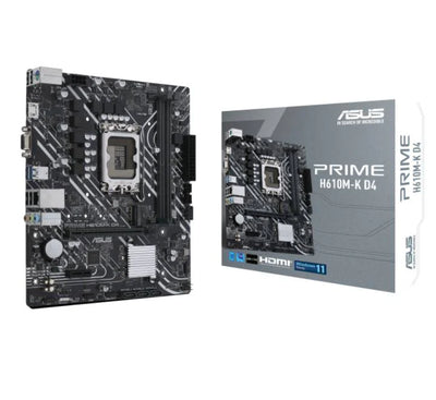 ASUS Prime H610M-K D4 Micro-ATX motherboard with LGA 1700 socket and DDR4 slots.