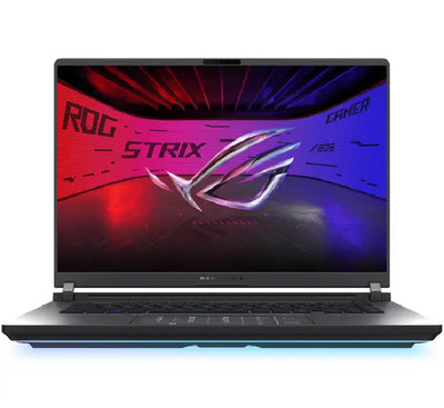 Front view of ASUS ROG Strix G16 2025 G615LM gaming laptop in Eclipse Gray featuring 16-inch 165Hz display and RGB backlit keyboard.