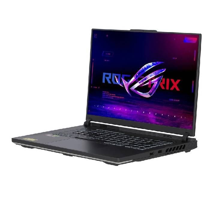 Side profile view of the ASUS ROG Strix G16 G614PH-TS137W laptop, highlighting the side I/O ports, USB4 connectivity, and large intelligent cooling vents.