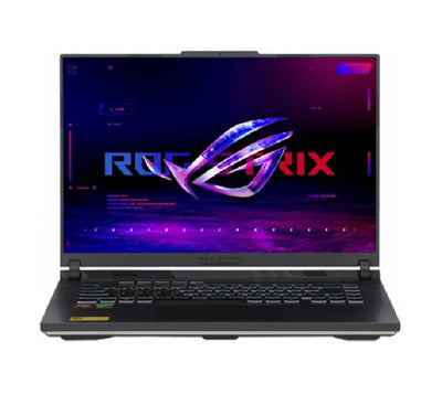 Front angle view of the ASUS ROG Strix G16 gaming laptop in Eclipse Gray, showing its illuminated 4-Zone RGB keyboard and vibrant 16-inch display.