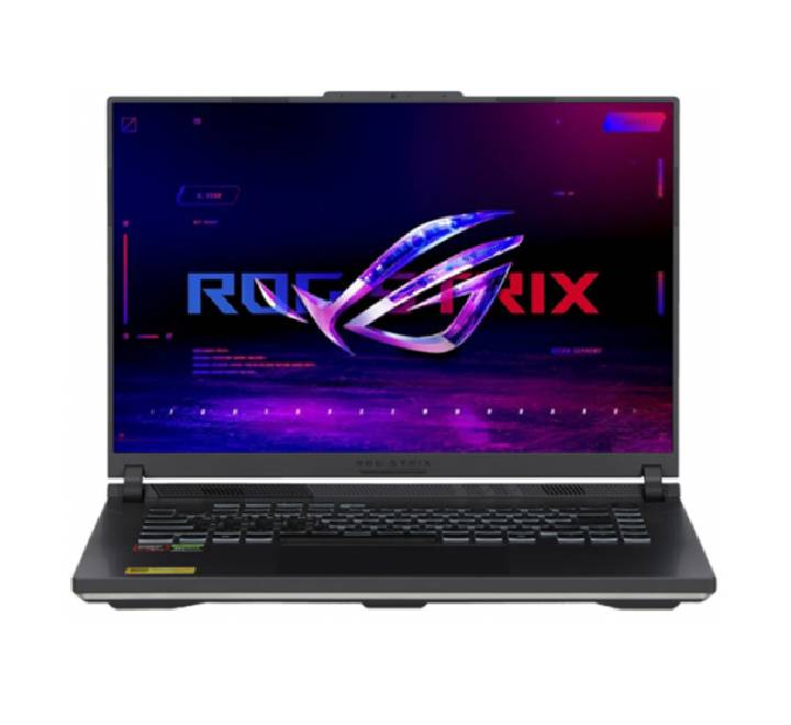 Front angle view of the ASUS ROG Strix G16 gaming laptop in Eclipse Gray, showing its illuminated 4-Zone RGB keyboard and vibrant 16-inch display.