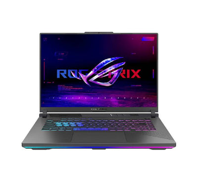 Front view of the ASUS ROG Strix G16 gaming laptop open, displaying the 16-inch 300Hz Nebula screen with active gaming graphics, a 4-zone RGB backlit keyboard, and the sleek Eclipse Gray chassis design.