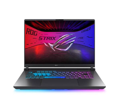 Front angle view of the open ASUS ROG Strix G16 gaming laptop, showing its 16-inch 300Hz ROG Nebula display, a 4-zone RGB backlit keyboard layout, and custom Volt Green accent designs.