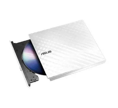 ASUS SDRW-08D2S-U LITE 8X external DVD writer in white with open disc tray showing diamond-cut finish
