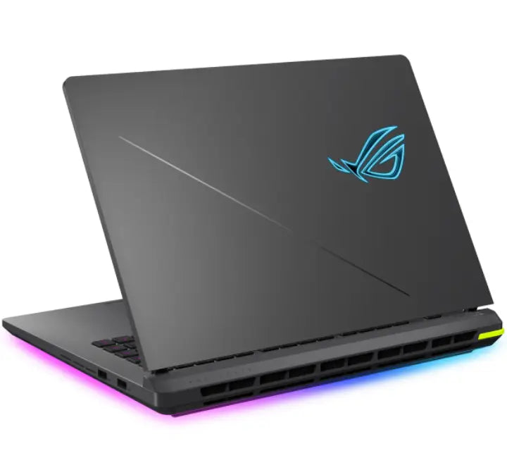 Close-up of ASUS ROG Strix G16 2025 keyboard with 4-zone RGB lighting, powered by Intel Core Ultra 7 255HX processor.