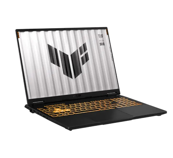Side profile view of the ASUS TUF Gaming F16 FX608 laptop highlighting the Thunderbolt 4 port, Type-C port, and HDMI 2.1 connectivity.