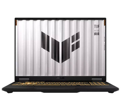ASUS TUF F16 FX608JHI Jaeger Gray gaming laptop angled top view showcasing display and RGB keyboard.