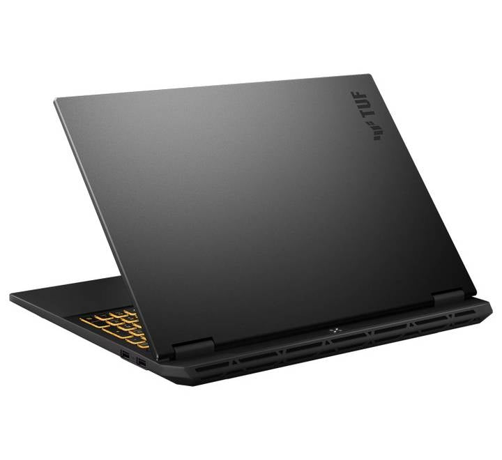 Close-up view of the ASUS TUF F16 RGB backlit keyboard and durable military-grade Jaeger Gray chassis.